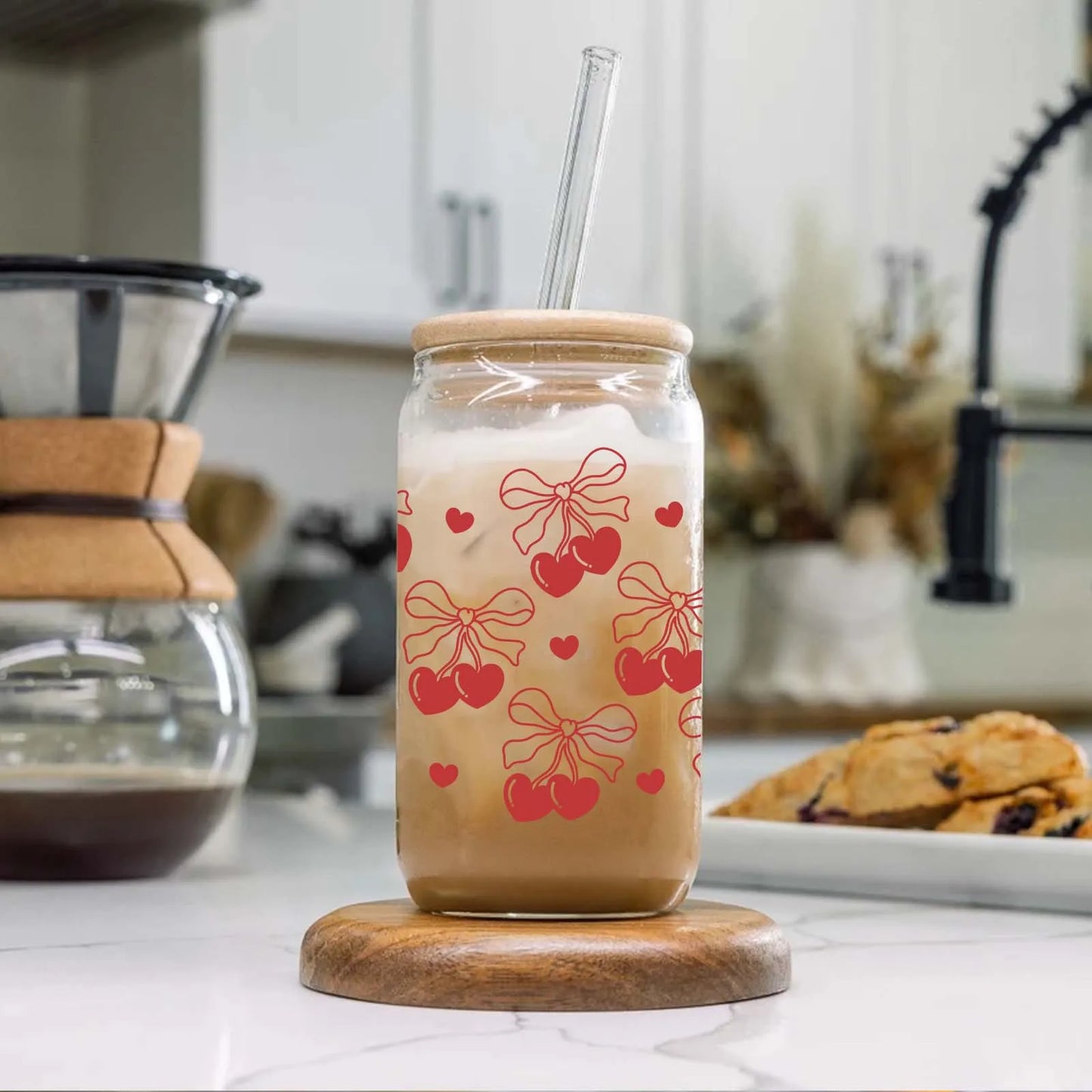 Cherry Bow 3d Printed Pattern 16oz Glass Can Soda Cup With Lid&Straw Winter Iced Coffee Glass Holiday Season Gift Party Drinkare