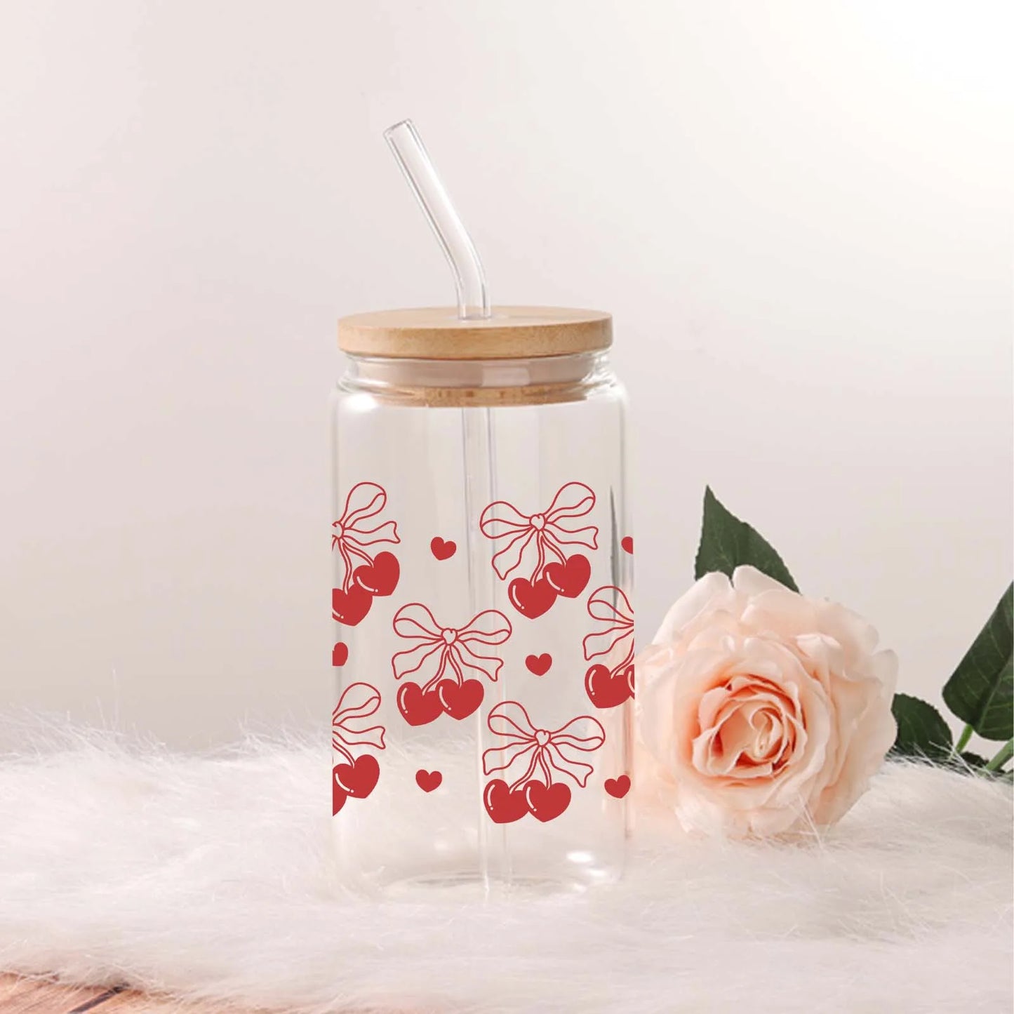 Cherry Bow 3d Printed Pattern 16oz Glass Can Soda Cup With Lid&Straw Winter Iced Coffee Glass Holiday Season Gift Party Drinkare