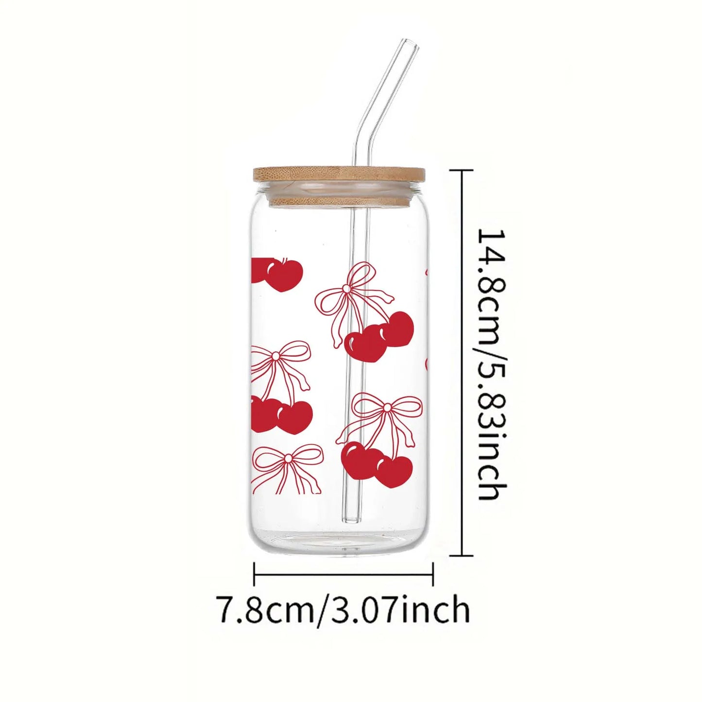 Cherry Bow 3d Printed Pattern 16oz Glass Can Soda Cup With Lid&Straw Winter Iced Coffee Glass Holiday Season Gift Party Drinkare