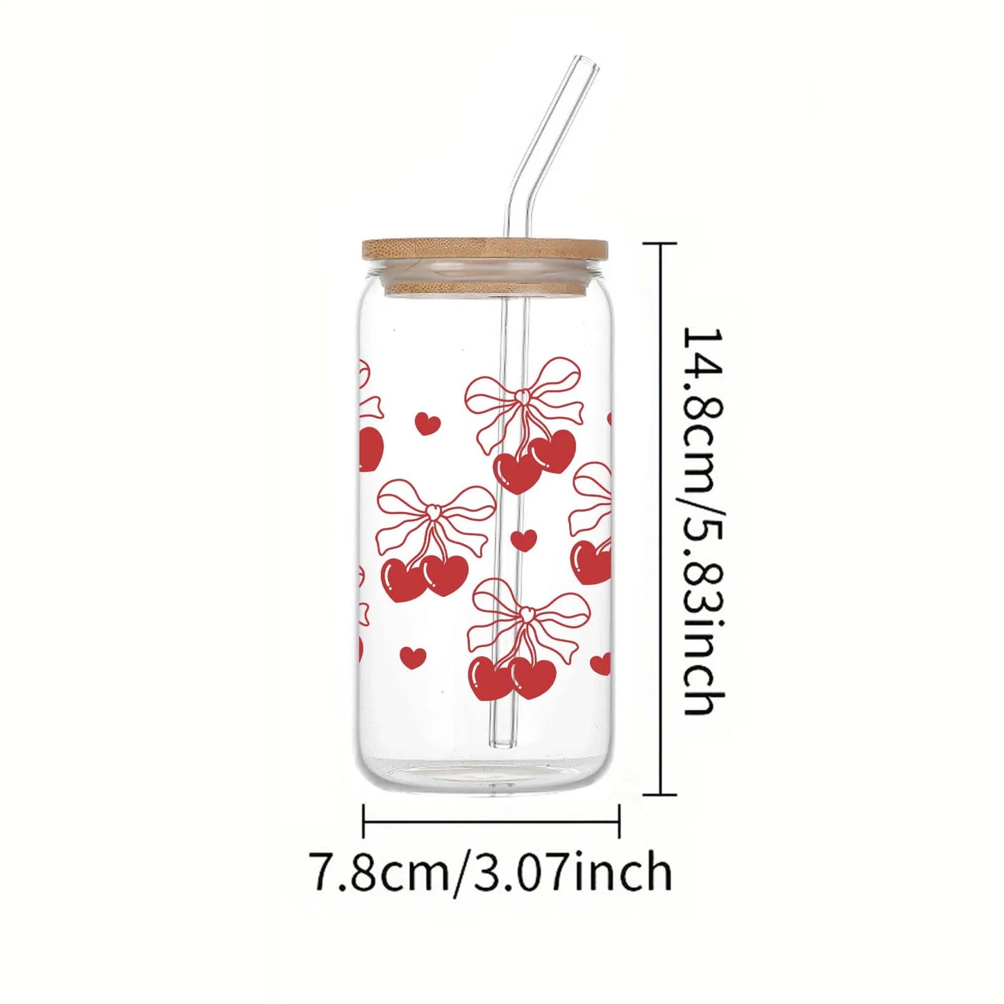 Cherry Bow 3d Printed Pattern 16oz Glass Can Soda Cup With Lid&Straw Winter Iced Coffee Glass Holiday Season Gift Party Drinkare